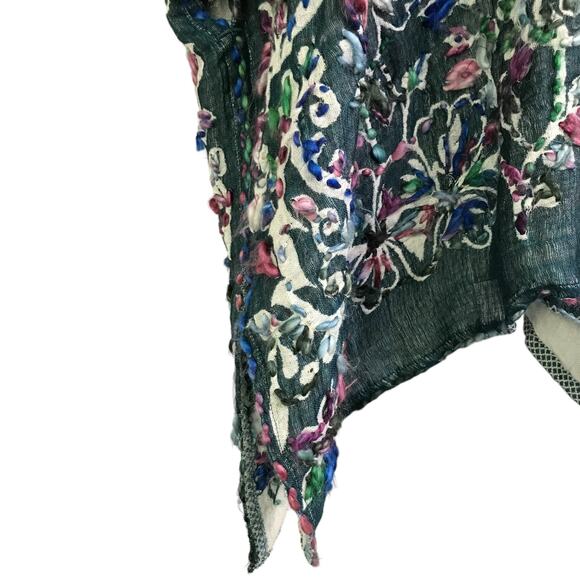 Soft Surroundings Wrap cardigan W One Size Dark Green Embroidered Paisley  Boho - Picture 7 of 8